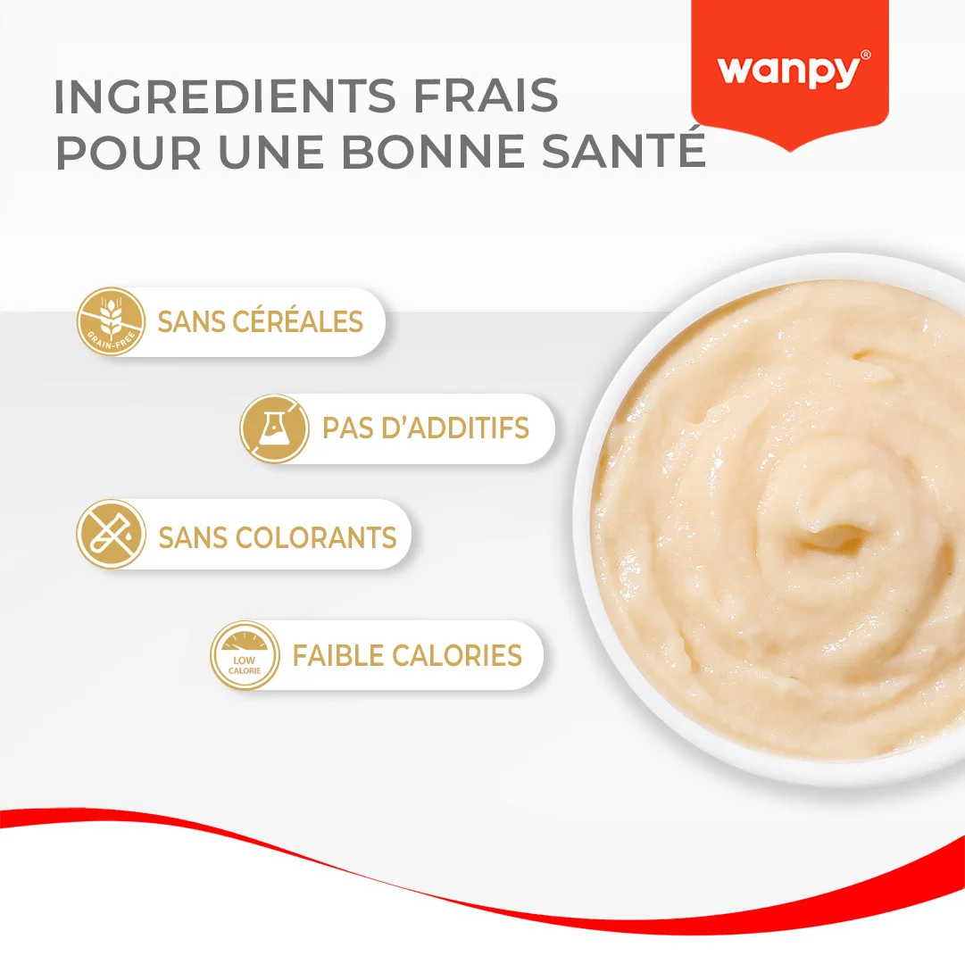 Image montrant Wanpy Creamy sont sans céréales, sans additifs, sans colorants et faibles en calories